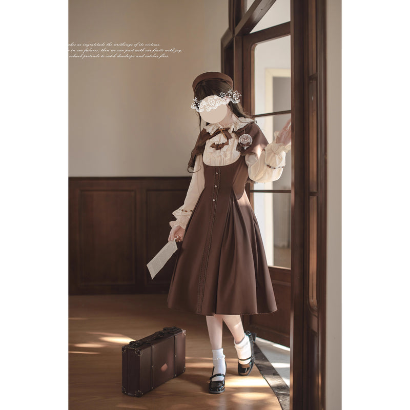 英国令嬢のクラシカルドッキングワンピースとケープ - Brown