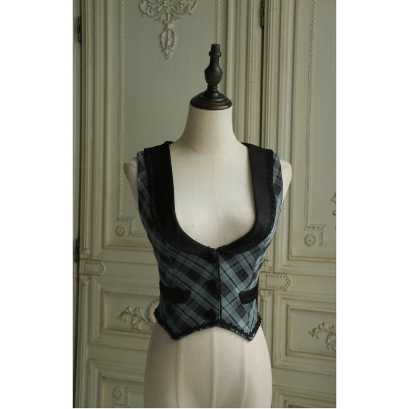 灰緑の格子柄ベスト[2026年3月下旬-4月下旬発送予定]