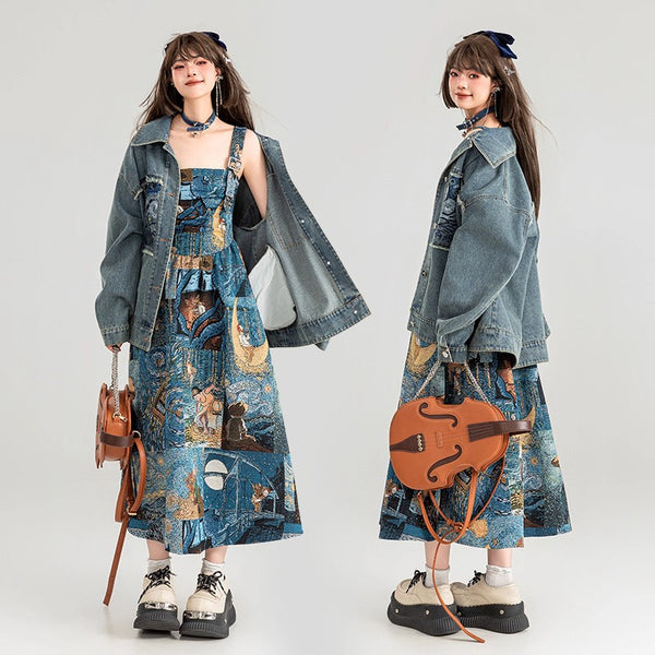 星月夜の刺繍デニムジャケット
