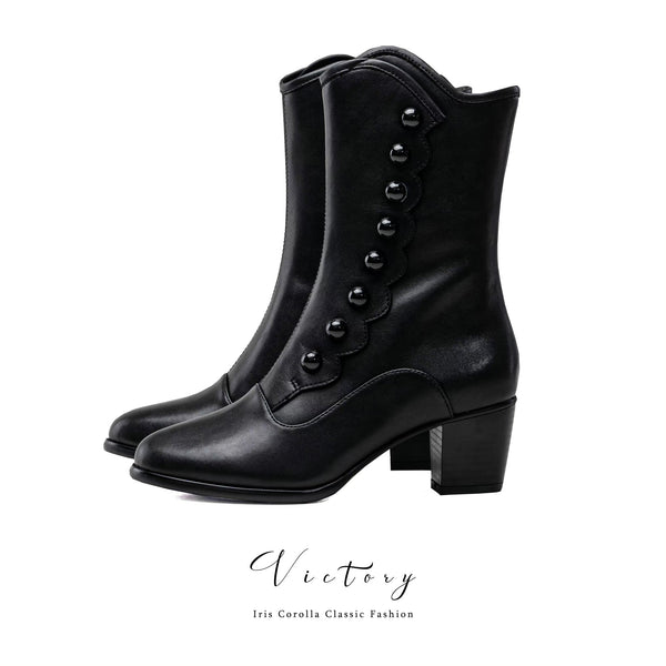 Victorian Round Toe Buttoned Short Boots - Black[2024年11月下旬-12月中旬発送予定]（予約期間：延長）