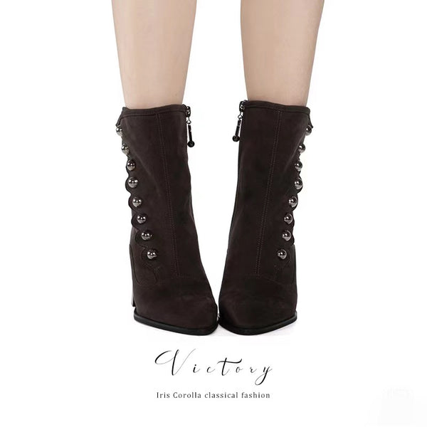 Victorian Pointed Toe Buttoned Short Boots - Dark Brown[2024年11月下旬-12月中旬発送予定]