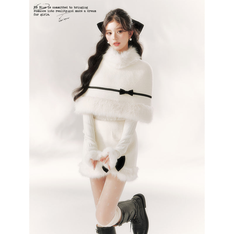 Pure White Ribbon Fur Cape and Skirt