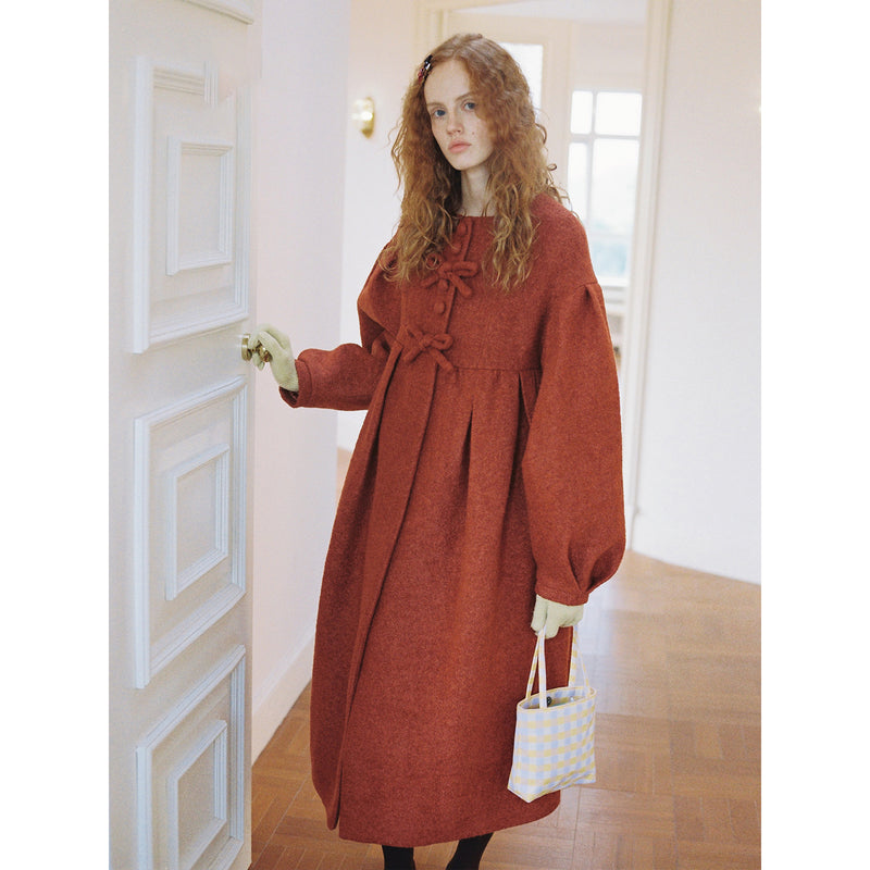 Camel Red Puffy Retro Wool Coat