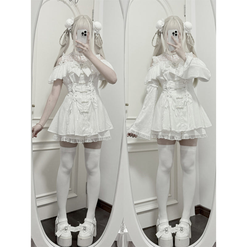 地雷ガールのチャイナワンピースとショートパンツ - White[2025年7月上旬-8月上旬発送予定]
