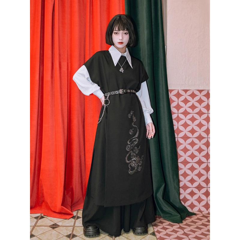 漆黒の龍の刺繍ロングジレワンピース