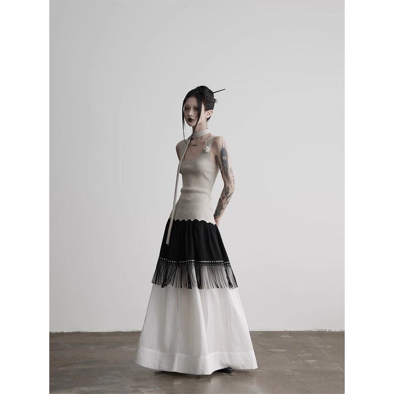 Black and White Fringe Long Skirt