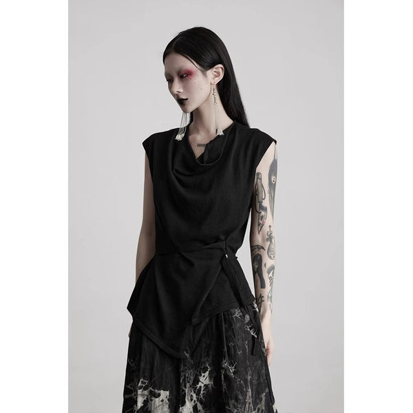 Black Draped Neck Sleeveless Knit Top