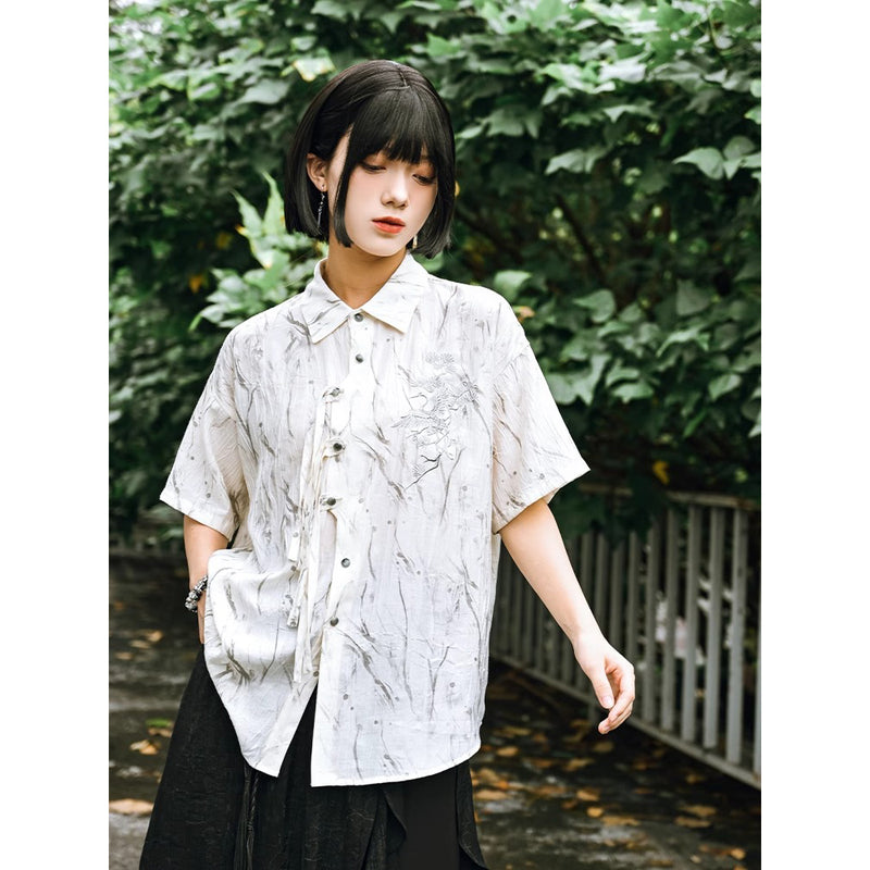 月夜の鶴の刺繍チャイナトップス