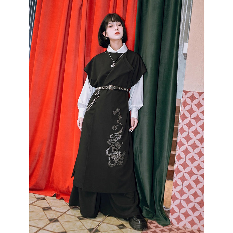 漆黒の龍の刺繍ロングジレワンピース