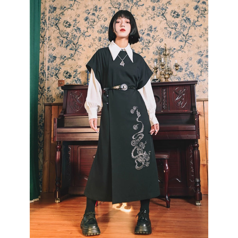 漆黒の龍の刺繍ロングジレワンピース