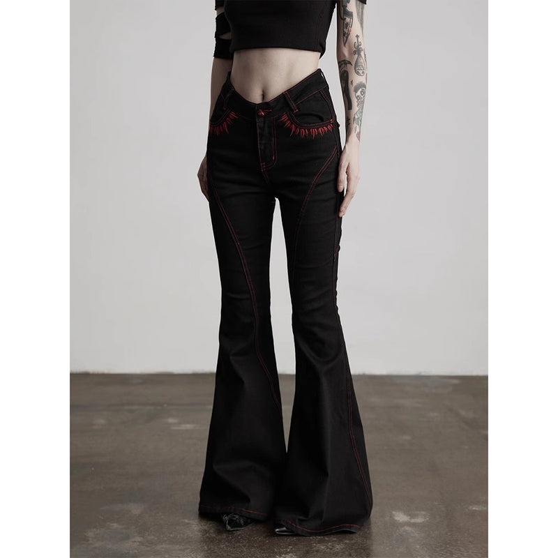 Punk Embroidered Flared Denim Pants