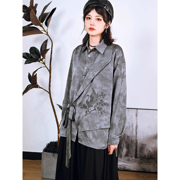 梢に留まる鶴の刺繍ブラウス - Gray
