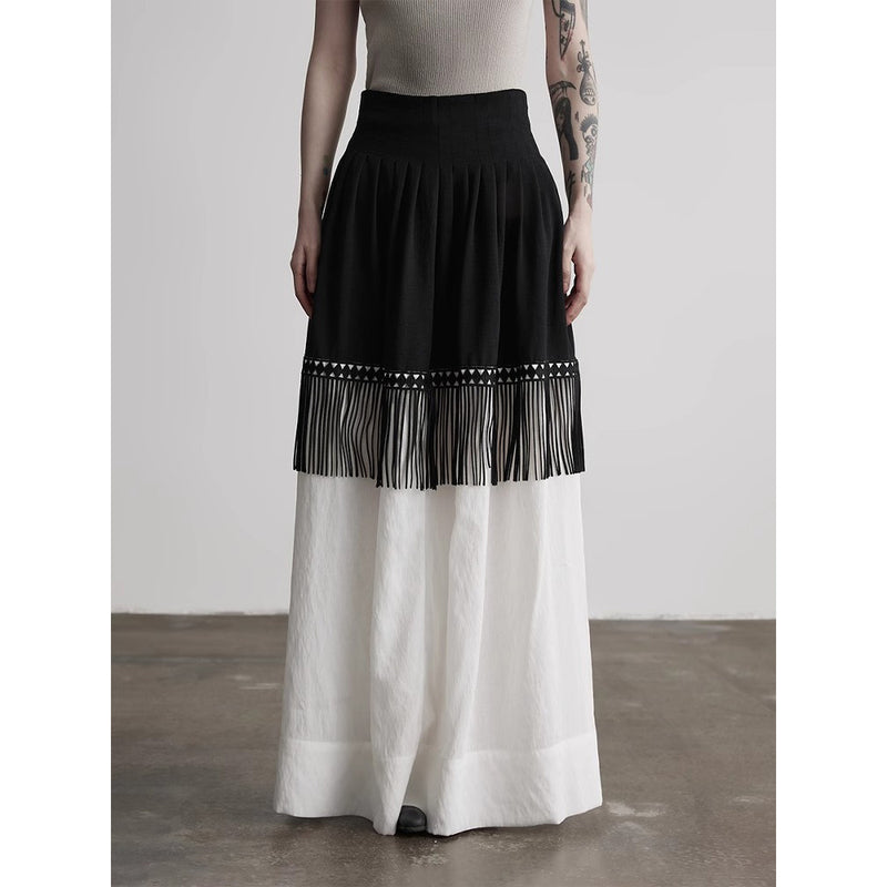 Black and White Fringe Long Skirt