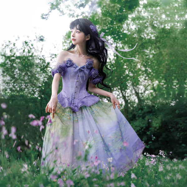 睡蓮の池の油彩画ビスチェとスカート - Ver2