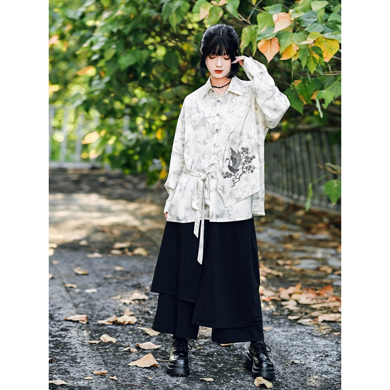 梢に留まる鶴の刺繍ブラウス - Ivory