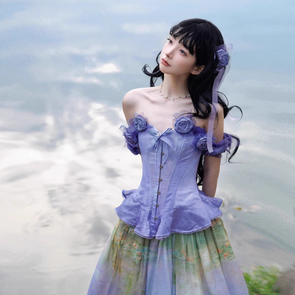 睡蓮の池の油彩画ビスチェとスカート - Ver2