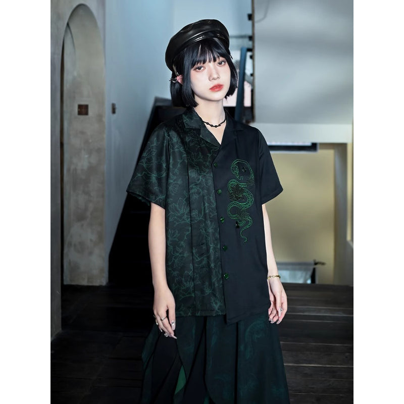 暗闇の蛇の刺繍アシンメトリーシャツ