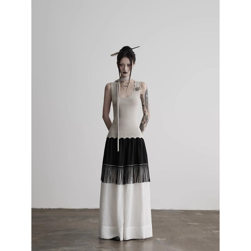 Black and White Fringe Long Skirt