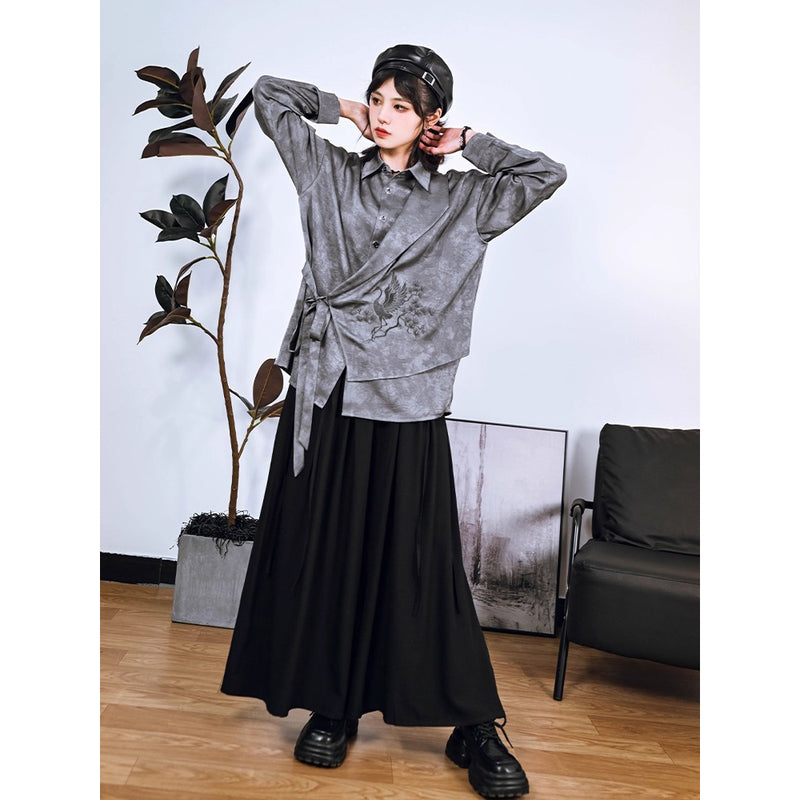 梢に留まる鶴の刺繍ブラウス - Gray