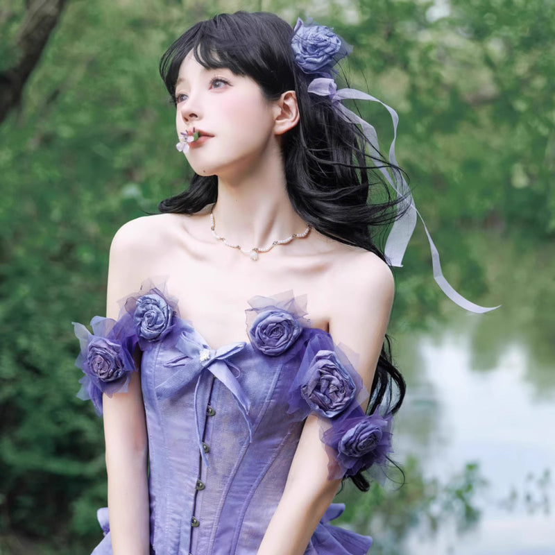 睡蓮の池の油彩画ビスチェとスカート - Ver2