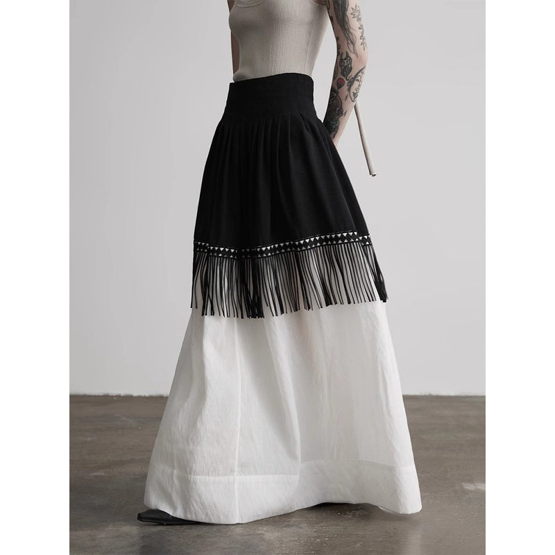 Black and White Fringe Long Skirt