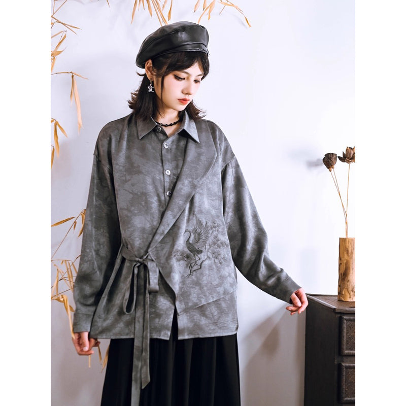 梢に留まる鶴の刺繍ブラウス - Gray