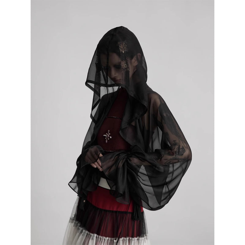 Black Silk Hooded Bolero Tops