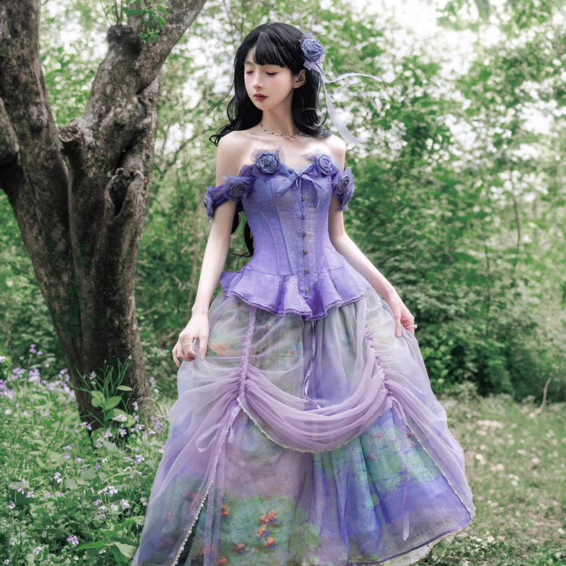 睡蓮の池の油彩画ビスチェとスカート - Ver2