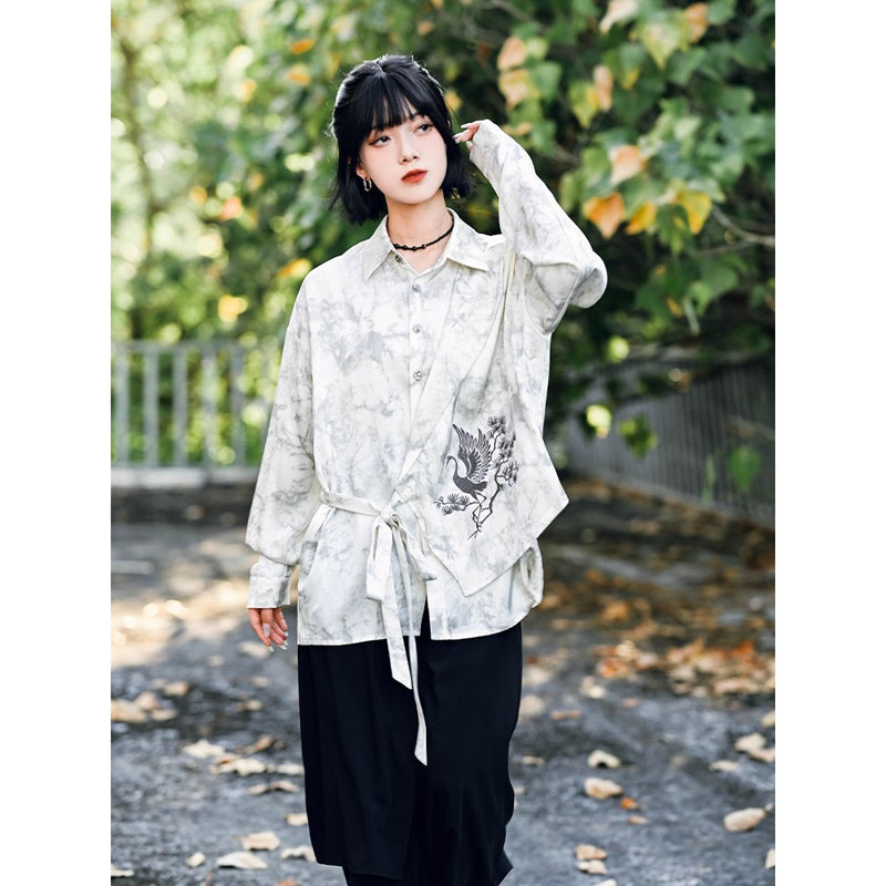 梢に留まる鶴の刺繍ブラウス - Ivory