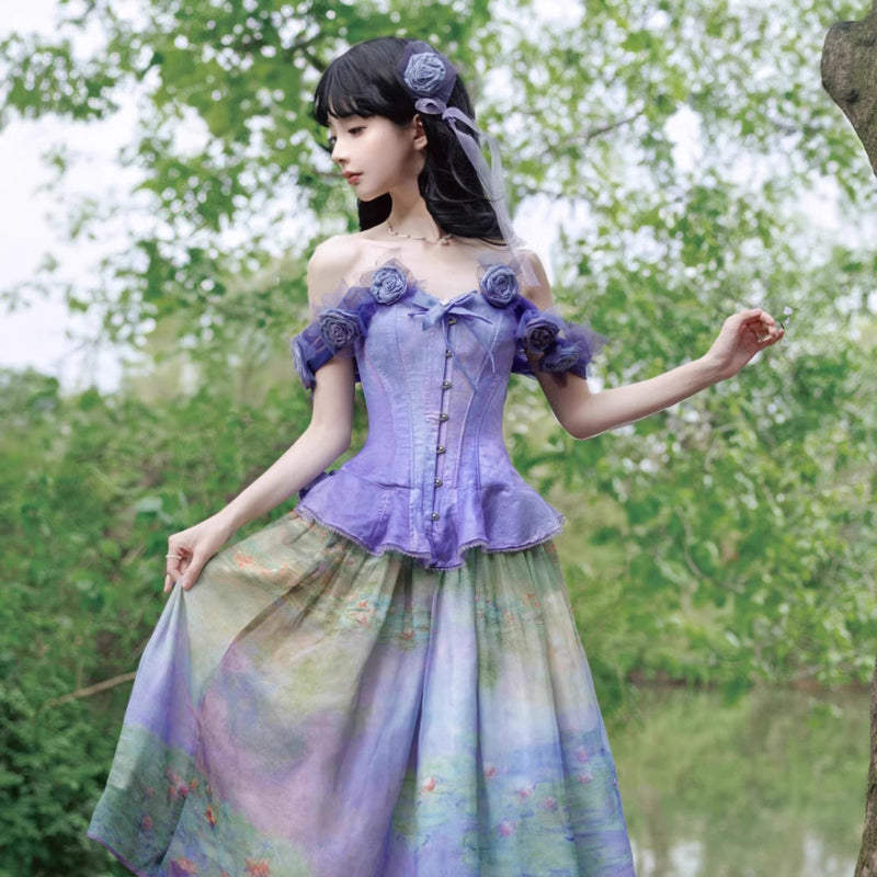 睡蓮の池の油彩画ビスチェとスカート - Ver2