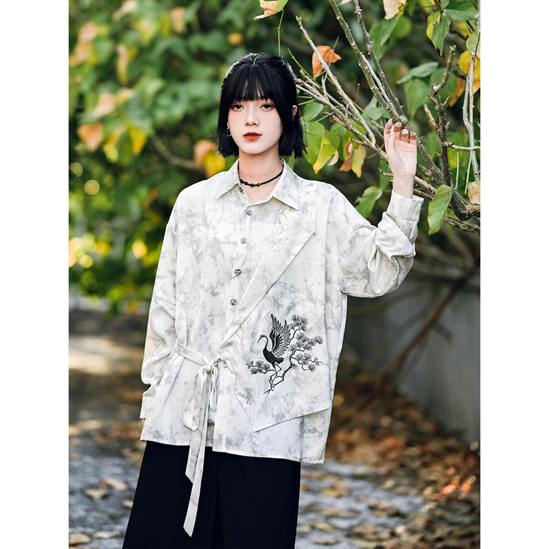 梢に留まる鶴の刺繍ブラウス - Ivory