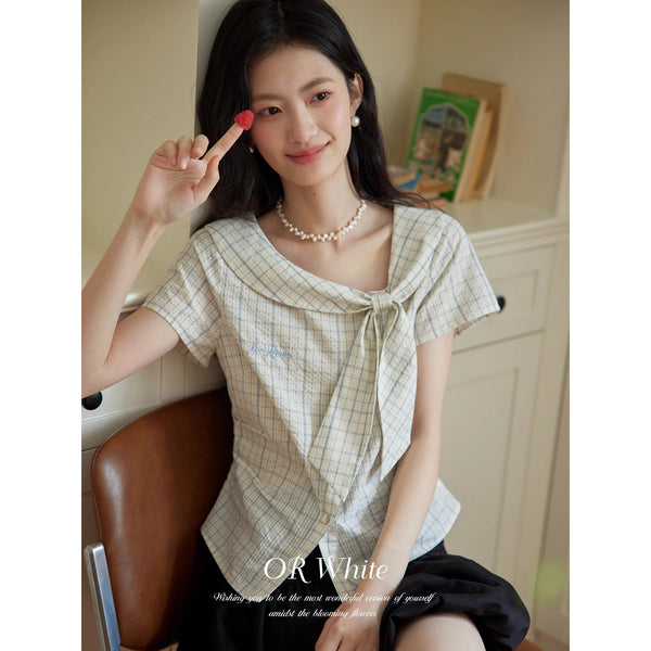 Checkered Scarf Ribbon Blouse