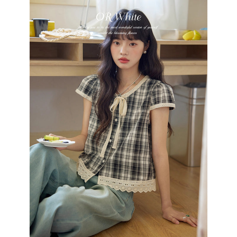 Black and White Checkered Lace Blouse
