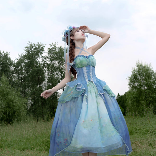 睡蓮の池の油彩画ビスチェとスカート - Ver1