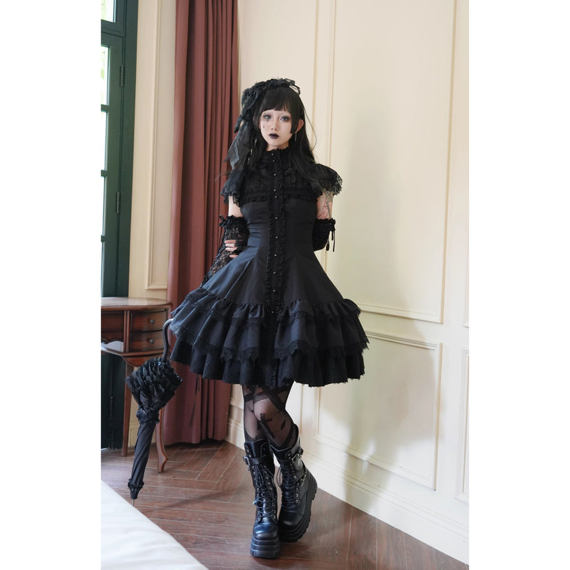 貴族のお嬢様の刺繍フリルワンピース - Black[2025年1月上旬-2月下旬発送予定]