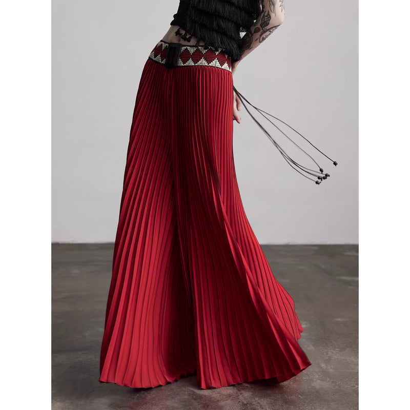 Ethnic Red Pleated Wide Pants