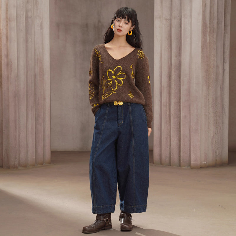植物の刺繍ニットセーター