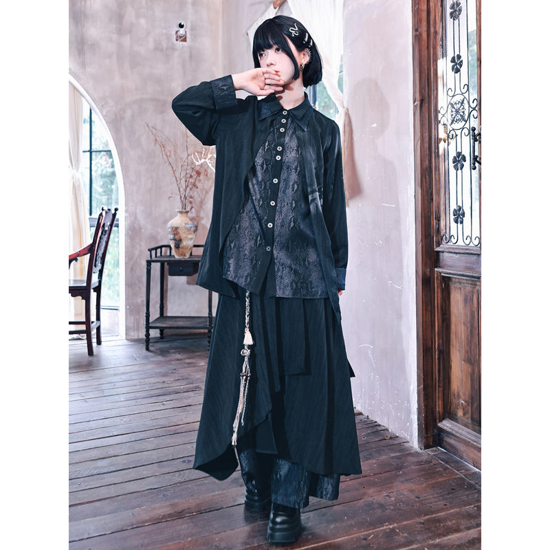 漆黒の蛇鱗ワイドドレープパンツ