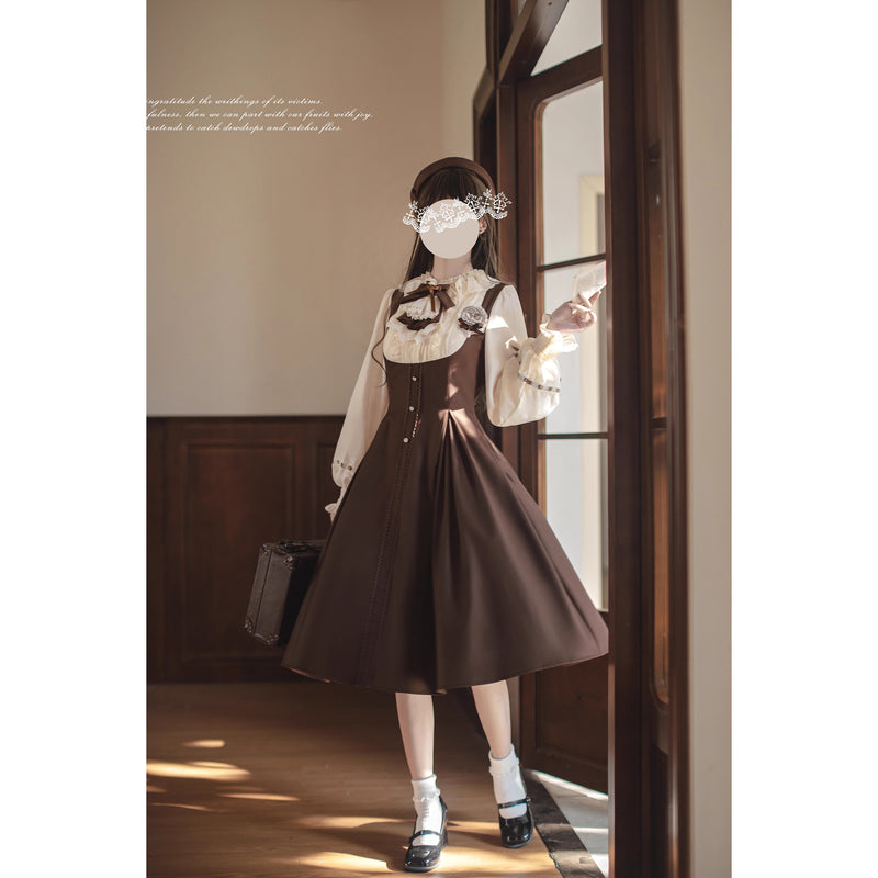 英国令嬢のクラシカルドッキングワンピースとケープ - Brown