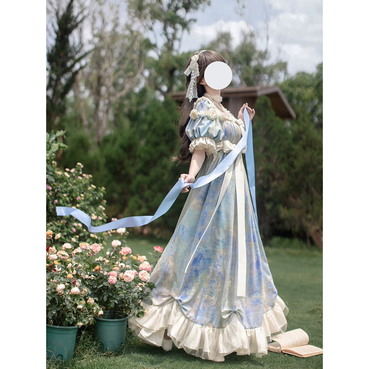 睡蓮の池の油彩画ヴィクトリアンワンピース ロリータ 睡蓮の池の油彩画ヴィクトリアンワンピース - Light Blue[2025年
