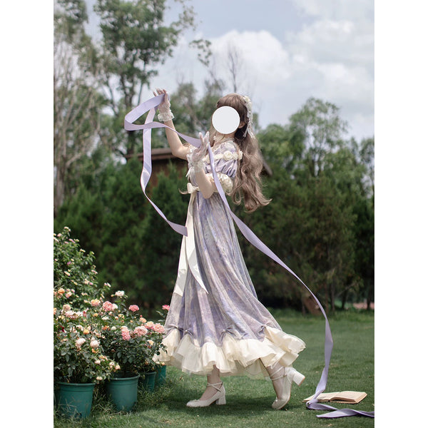睡蓮の池の油彩画ヴィクトリアンワンピース - Light Purple[2025年8月中旬-9月中旬発送予定]
