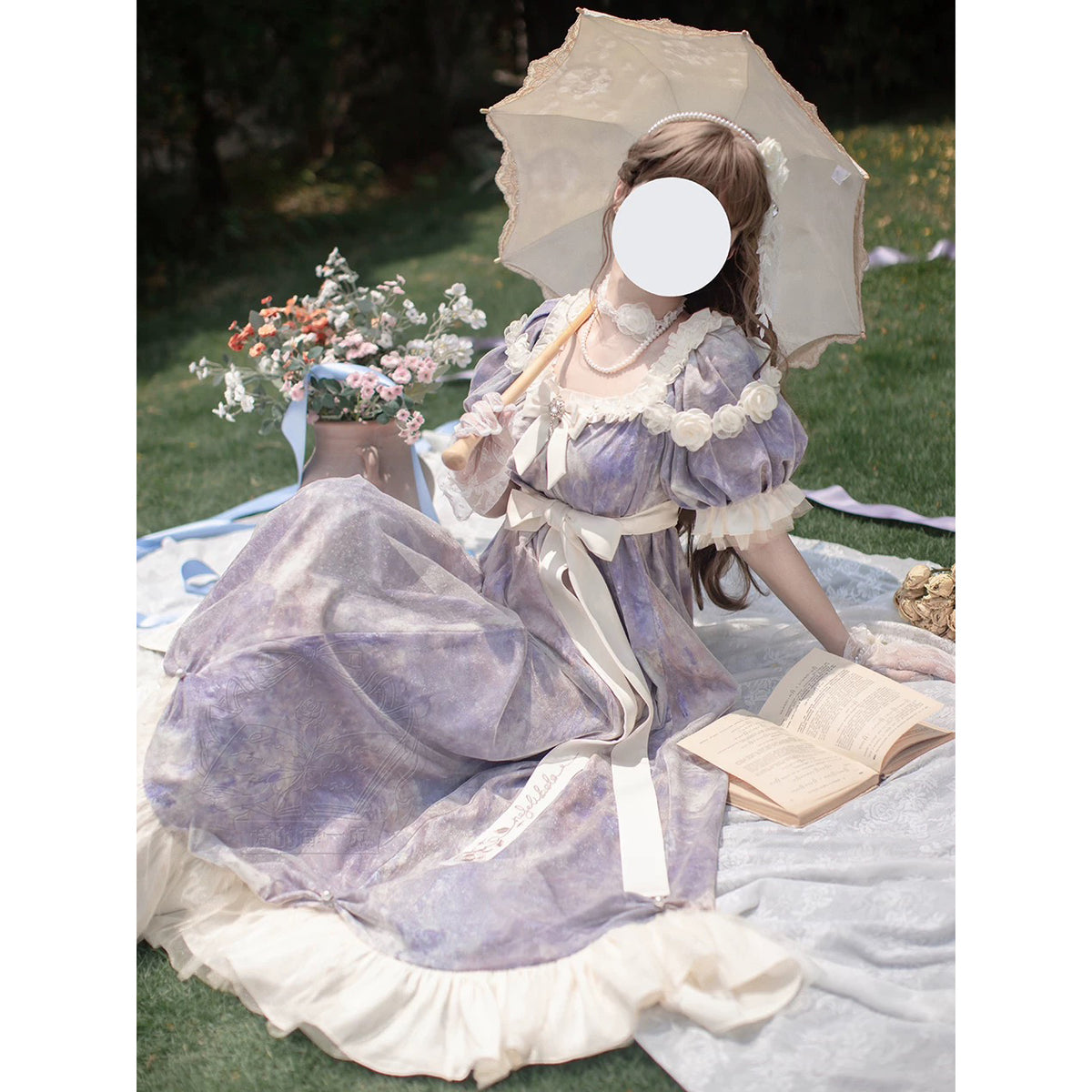 睡蓮の池の油彩画ヴィクトリアンワンピース ロリータ 睡蓮の池の油彩画ヴィクトリアンワンピース - Light Blue[2025年