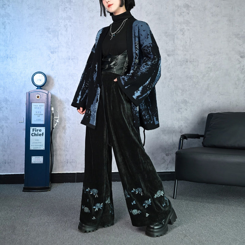 椿の花と鶯の刺繍ワイドパンツ