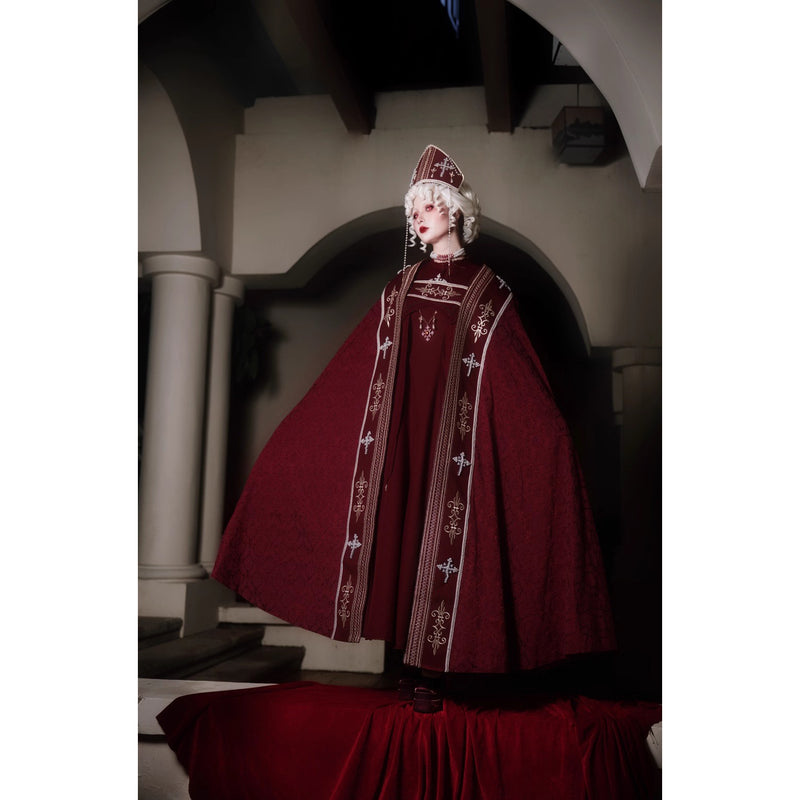 月夜の修道女の刺繍ロングマント - Wine Red × Gold[2025年12月上旬-2026年1月上旬発送予定]