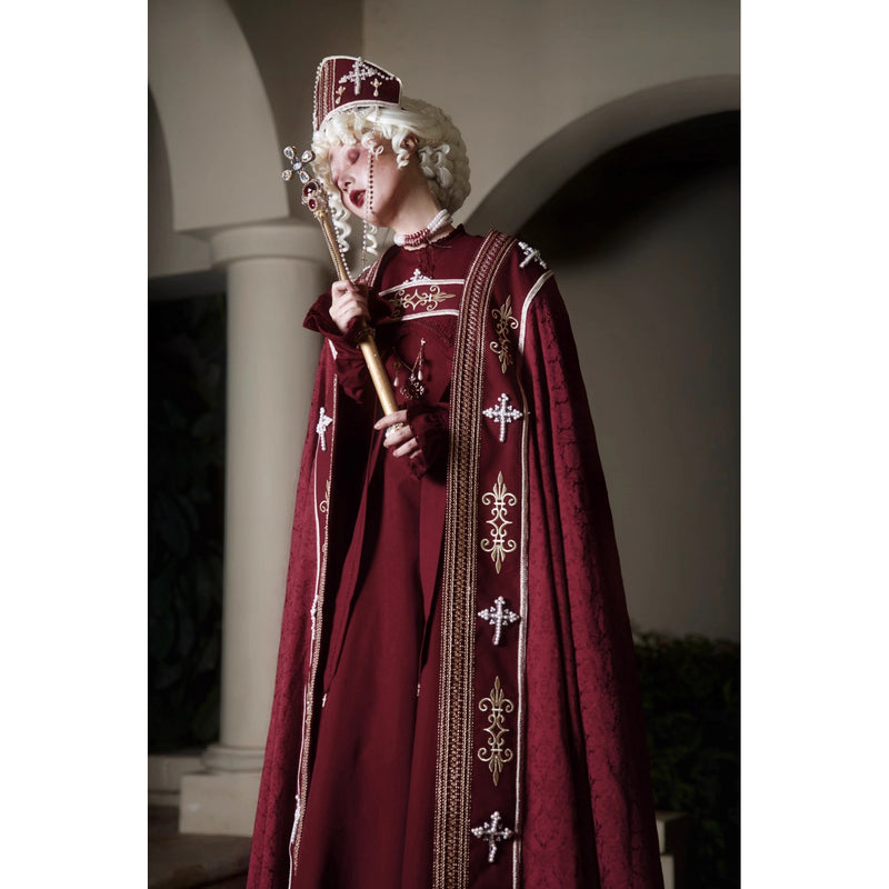 月夜の修道女の刺繍ロングマント - Wine Red × Gold[2025年12月上旬-2026年1月上旬発送予定]