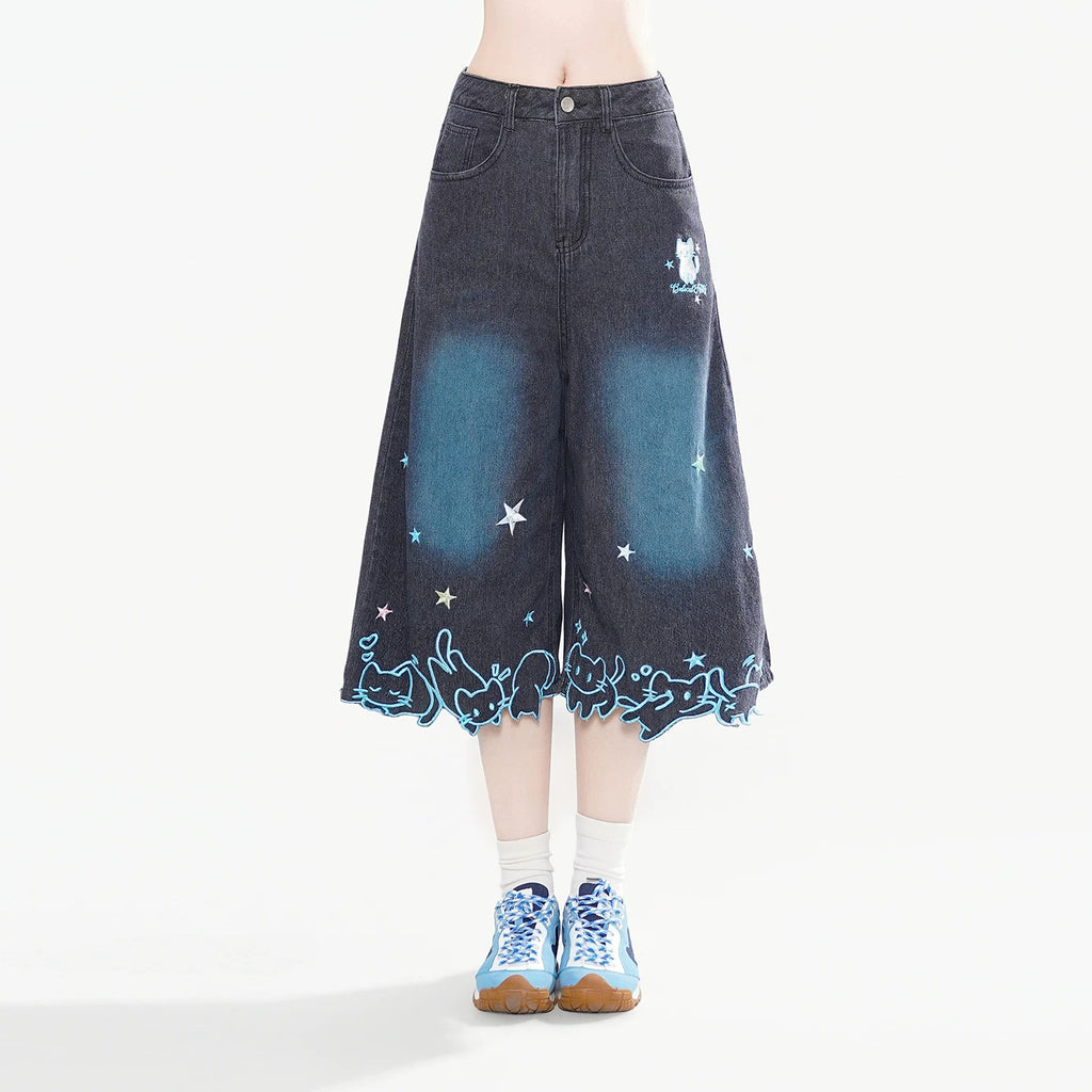 Star and Cat Embroidered Cropped Wide Denim Pants – ManusMachina