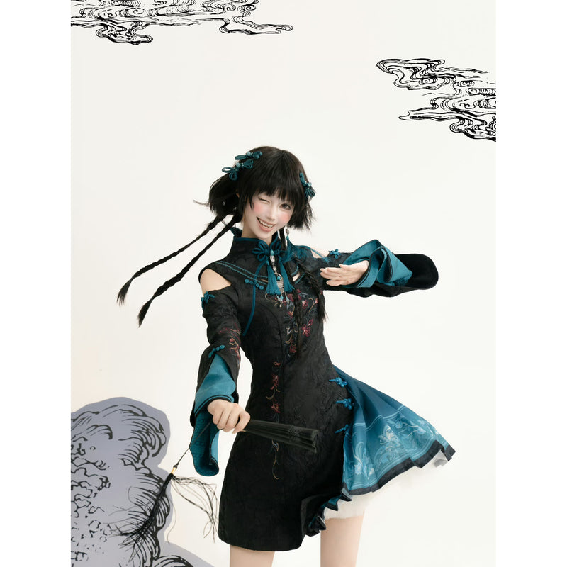 幽夜の花の刺繍チャイナワンピース[2025年10月下旬-11月中旬発送予定]