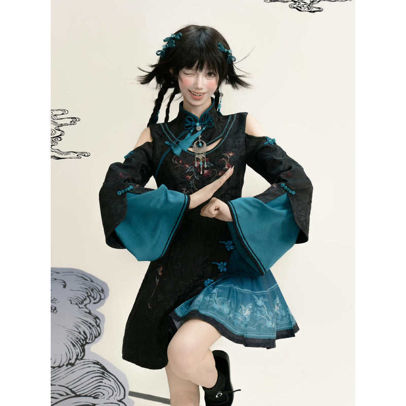 幽夜の花の刺繍チャイナワンピース[2025年10月下旬-11月中旬発送予定]