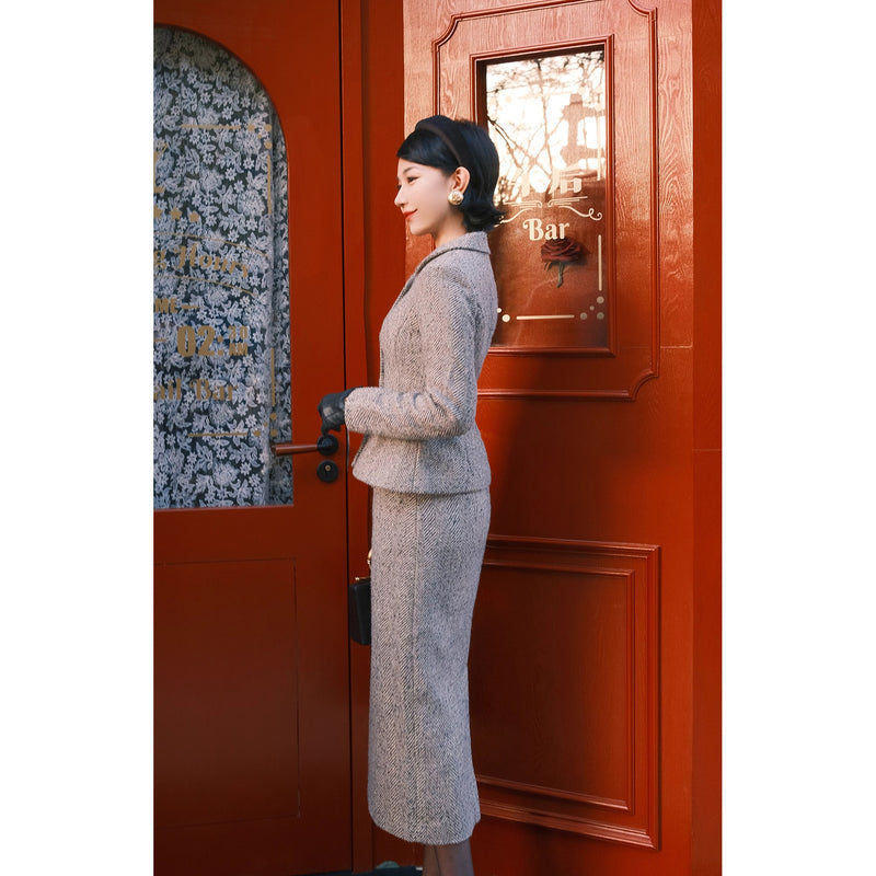 銀幕の貴婦人のツイードジャケットとペンシルスカート - Dark Gray