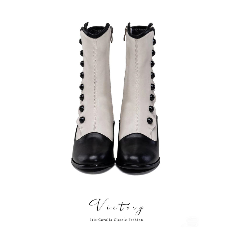 Victorian Round Toe Buttoned Short Boots - Black Ivory[2024年11月下旬-12月中旬発送予定]